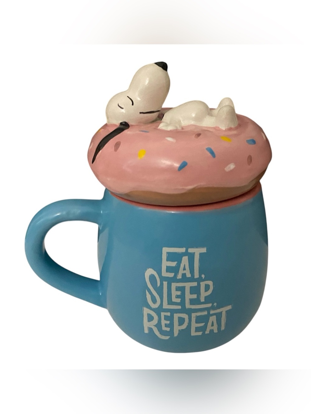 SNOOPY Peanuts Eat Sleep Repeat Blue Ceramic Mug Pink Donut Lid Sleeping Dog
